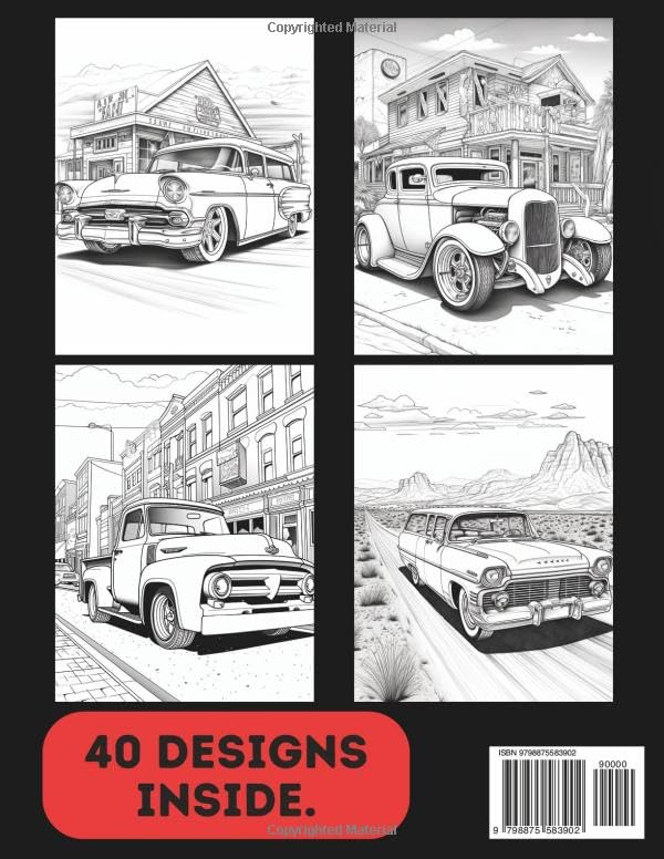 Hot Rod Colouring Book for Adults & Teens. Black and White. 40 Unique Designs. 8.5x11"